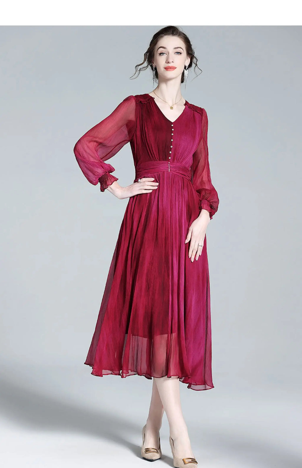 Blue Silk Long-Sleeved Dress For Spring Women's 2023 New High-Mulberry Silk Mesh Stitching Shows Thin And Long Skirt