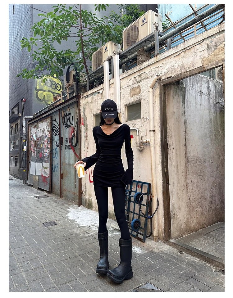 Seeslim Black Slim Sexy Mini Dress Women Long Sleeve Autumn Off Shoulder Korean Fashion 2000s Y2k Clothes Party Dresses Chic