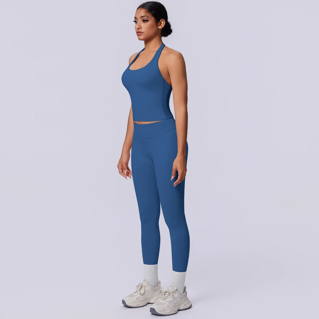 2PCS Woman Yoga Set Solid Color Sexy Fitness Top Summer Gym Workout High Stretch Female Pants Sports Fitness Clothing Yoga Set