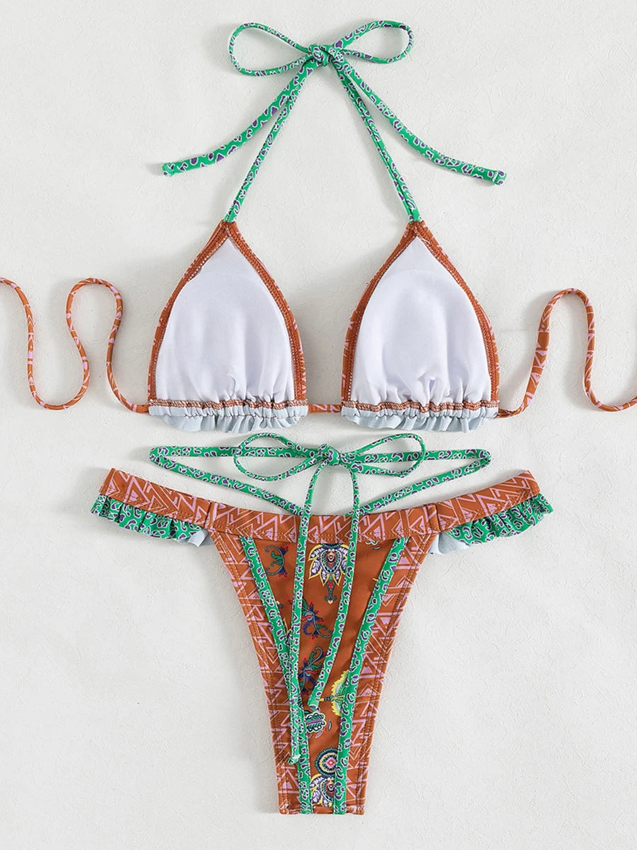 Print Bikinis Bordered Bikini Set Mciro Halter Swimwear Women Swimsuit Sexy Beachwear Brazilian Biquini Triangle Bathing Suits