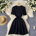 Red Senior Solid Knitting Dress Ladies O-Neck Short Sleeve Hollow Out Design Elastic Knitted Fashion Basic A-Line Dress