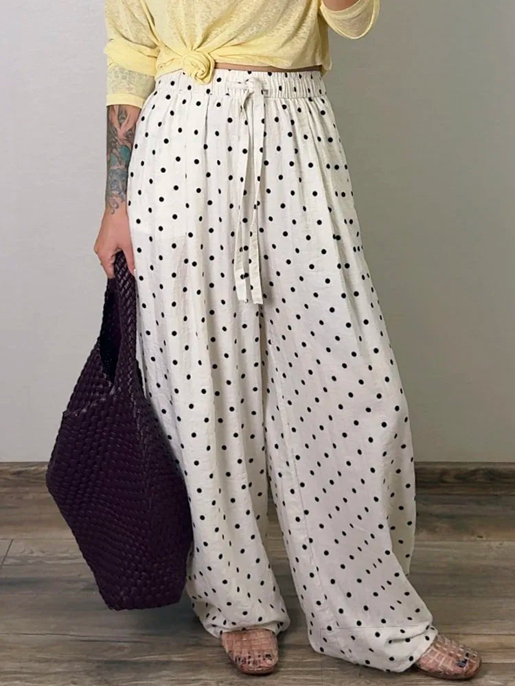 Polka Dot Cotton Linen Pants White Women Wide Leg Summer Spring Baggy Trousers For Woman High  Waist Linen Loose Pants Women