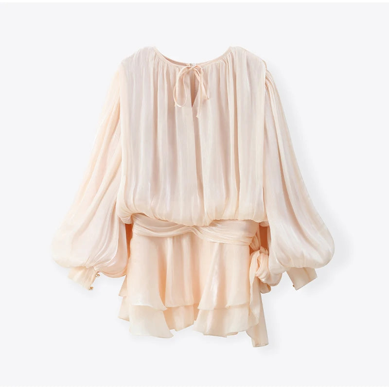 Female Fashion Long Flare Sleeves Lace Up Mini Dress Elegant Chiffon Ruffle High Waist Vestidos New 2025 Autumn Woman Party Wear