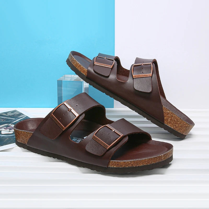 Summer Men Women Cork Slippers Clogs Microfiber Leather Slides Casual Slip On Sandal Double Buckle