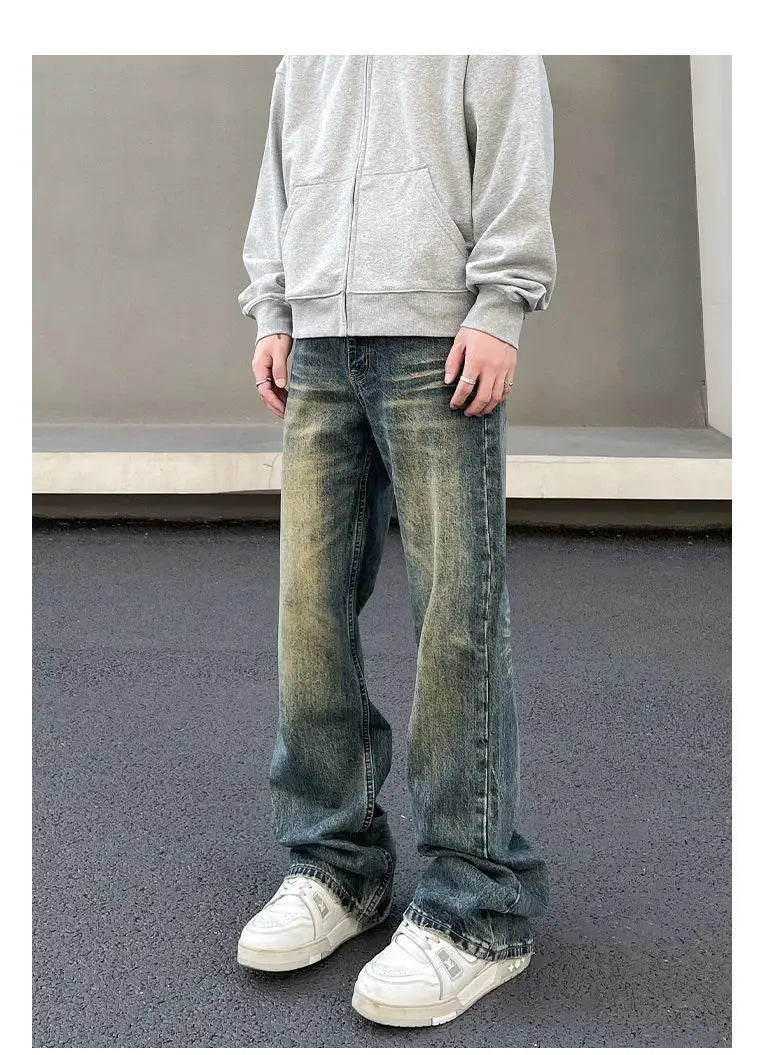 Mens Vintage Washed Distressed Loose Flare Denim Jeans