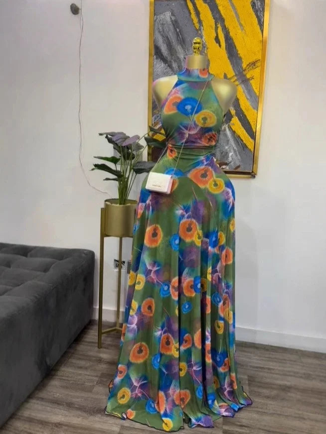 sexy Women Printed Sleeveless with Sashes Fit and Flare A-line Maxi Dress 2026 Streetwear Beach Holiday Long Dresses Vestido