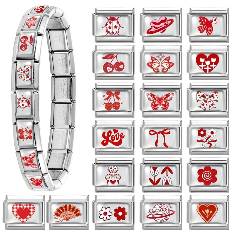 Fashion Red Series Heart Flower Bowknot Cherry Women Men Charm Link fit 9mm Stainless Steel Italian Bracelet Making DIY Jewelry