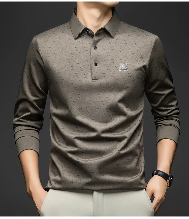 BROWON 2026 Spring Autumn Elegant Polo Shirts for Men Long Sleeve Lapel Color Printed Soft Comfortable Males Tops and Tees