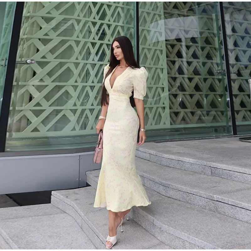 Sexy Deep V-neck Women's Floral Print Dresses 2026 Summer Elegant Waist-cinching Short Sleeve Pleated Long Robes Ladies Dress