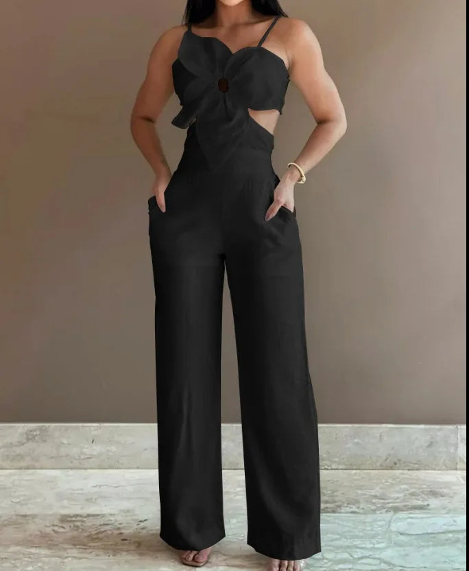 2026 Summer Spaghetti Strap Fashion Jumpsuit Women's Floral Pattern Hollow Casual Asymmetrical Collar Backless Jumpsuit Trousers