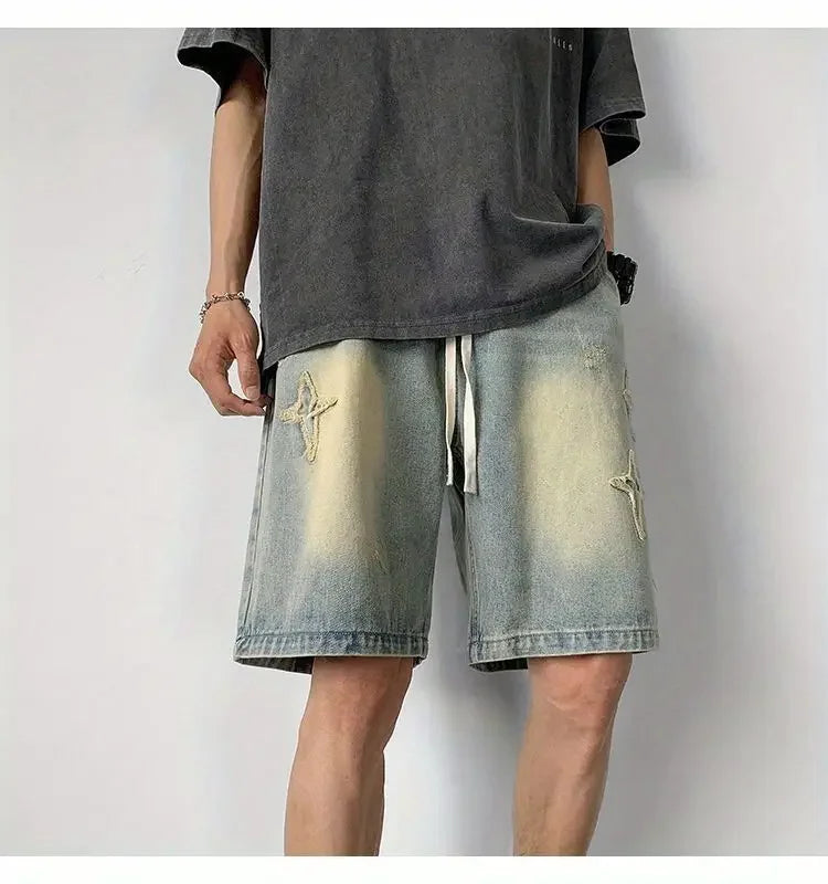 Embroidered Denim Shorts Men's Summer American Retro Street Five-point Pants Trendy Brand Trendy Loose