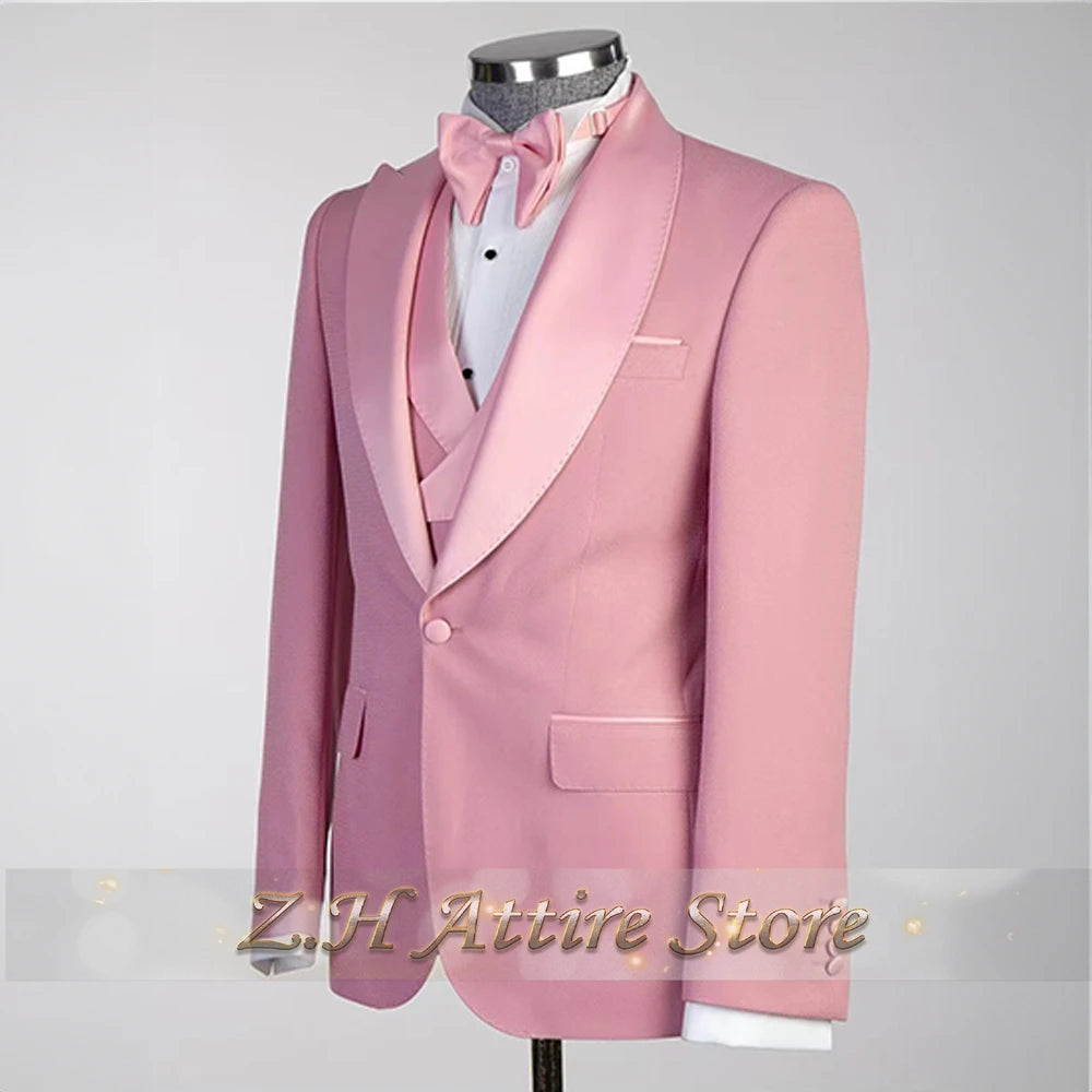 Elegant Pink Men's 3pcs Suit Spliced Satin Lapel Jacket Vest Pants Custom-Made Set for Wedding Groom Cocktail Birthday Party