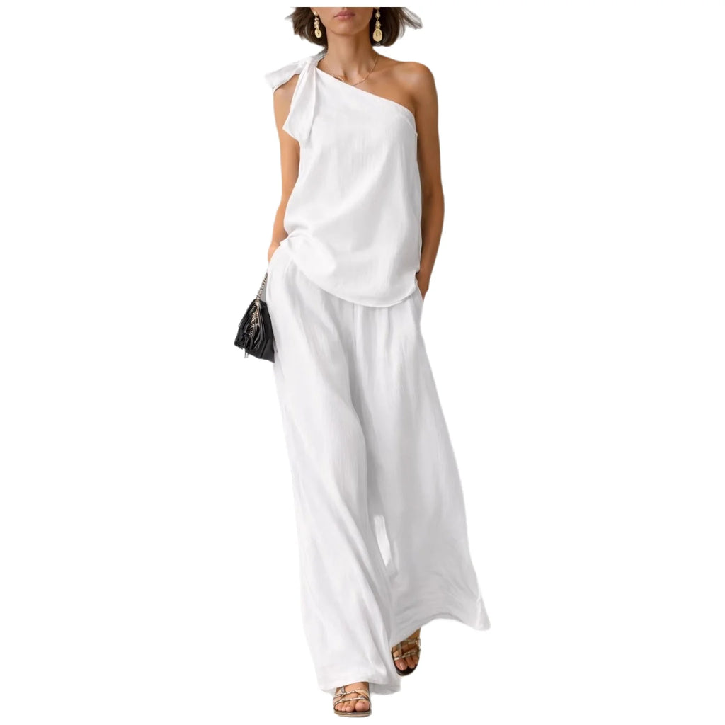 Shoulder Bared Sleeveless Top with Tie Detail And Wide Leg Pants Spring Summer New Style Comfortable Casual Business Commuting