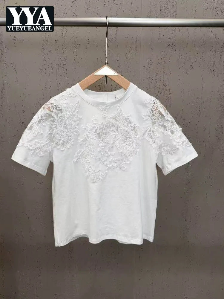 New 2026 Summer Women Casual T Shirts Short Sleeve Spliced Lace Embroidery Solid Color Ladies Fashion O Neck Pullover Tees Tops