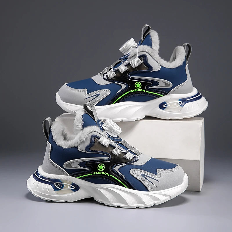 Children Sports Shoes Winter Plush Outdoor Warm Soft Comfort Boy Running Shoes Fashion Rotary Buckle Anti Slip Kids Tennis Shoes