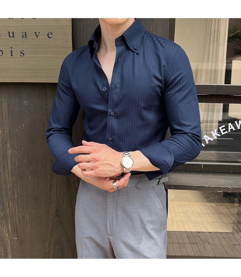 High-quality autumn men's new long-sleeve dark striped slim-fit shirt business casual formal workwear M-4XL