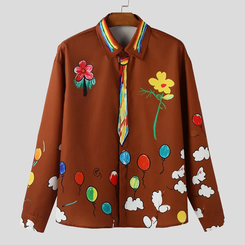 INCERUN Men Shirt Printing Lapel Long Sleeve Loose Men Clothing Streetwear Vacation 2026 Fashion Casual Tops Male Shirts S-5XL
