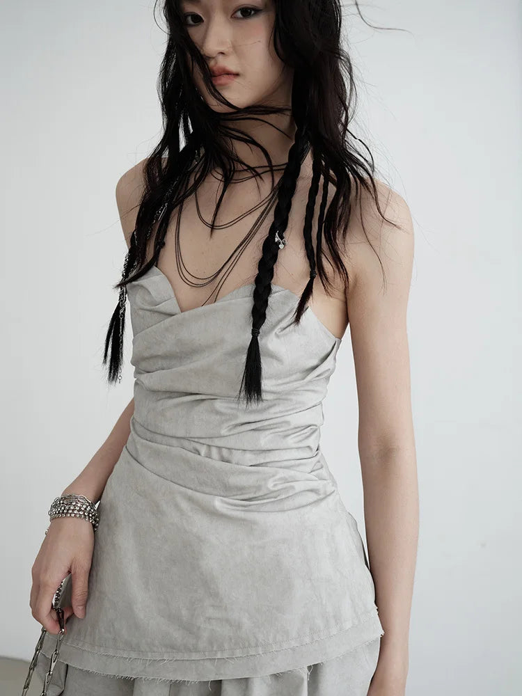 [EAM] Women Gray Pleated Irregular Hem Elegant Tank Tops New V-collar Sleeveless Personality Fashion Spring Summer 2026 1DH6256