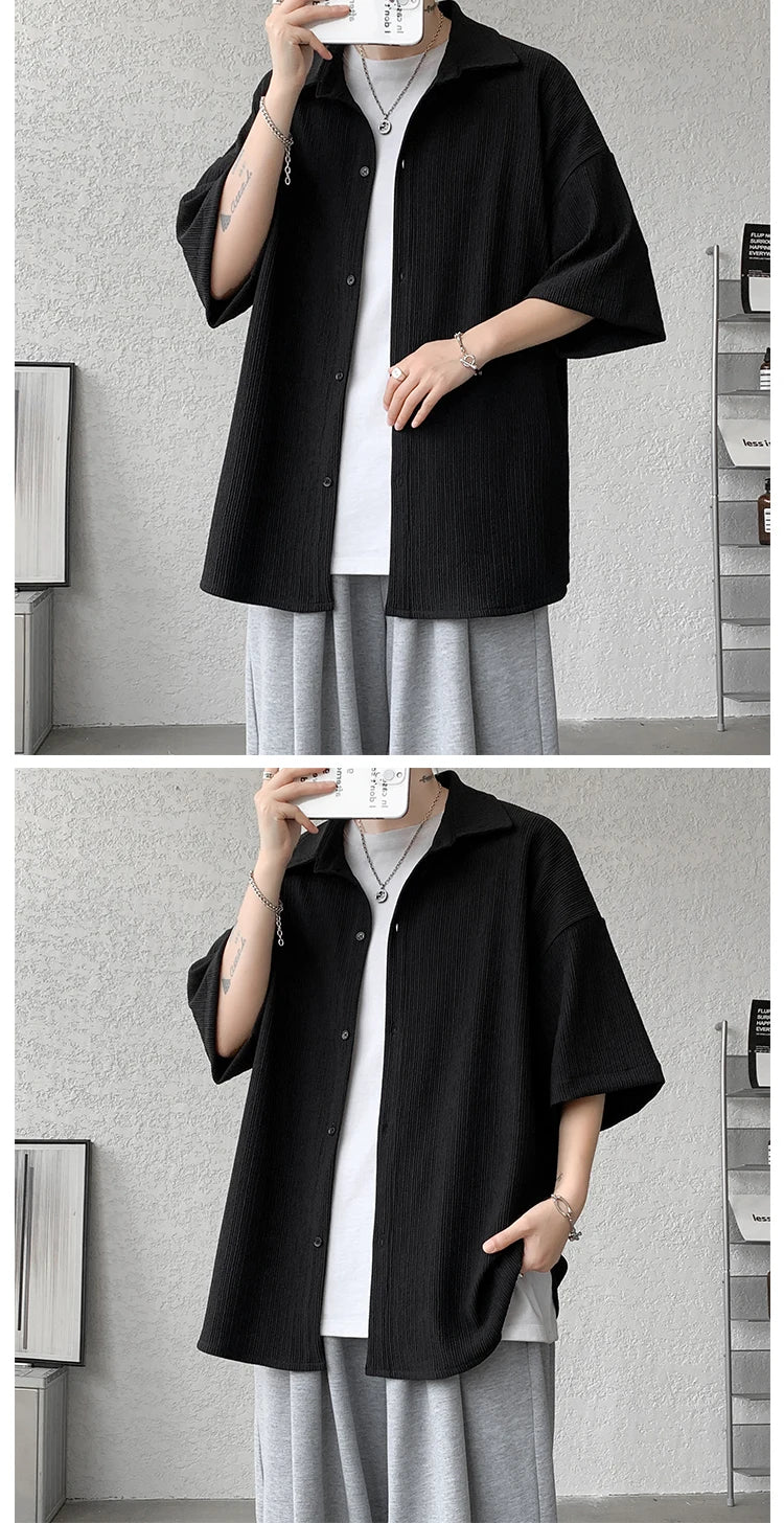 LEGIBLE Spring Summer Solid Shirts Men Casual Oversized Three Quarter Shirts Male Loose Fit Shirt for Man