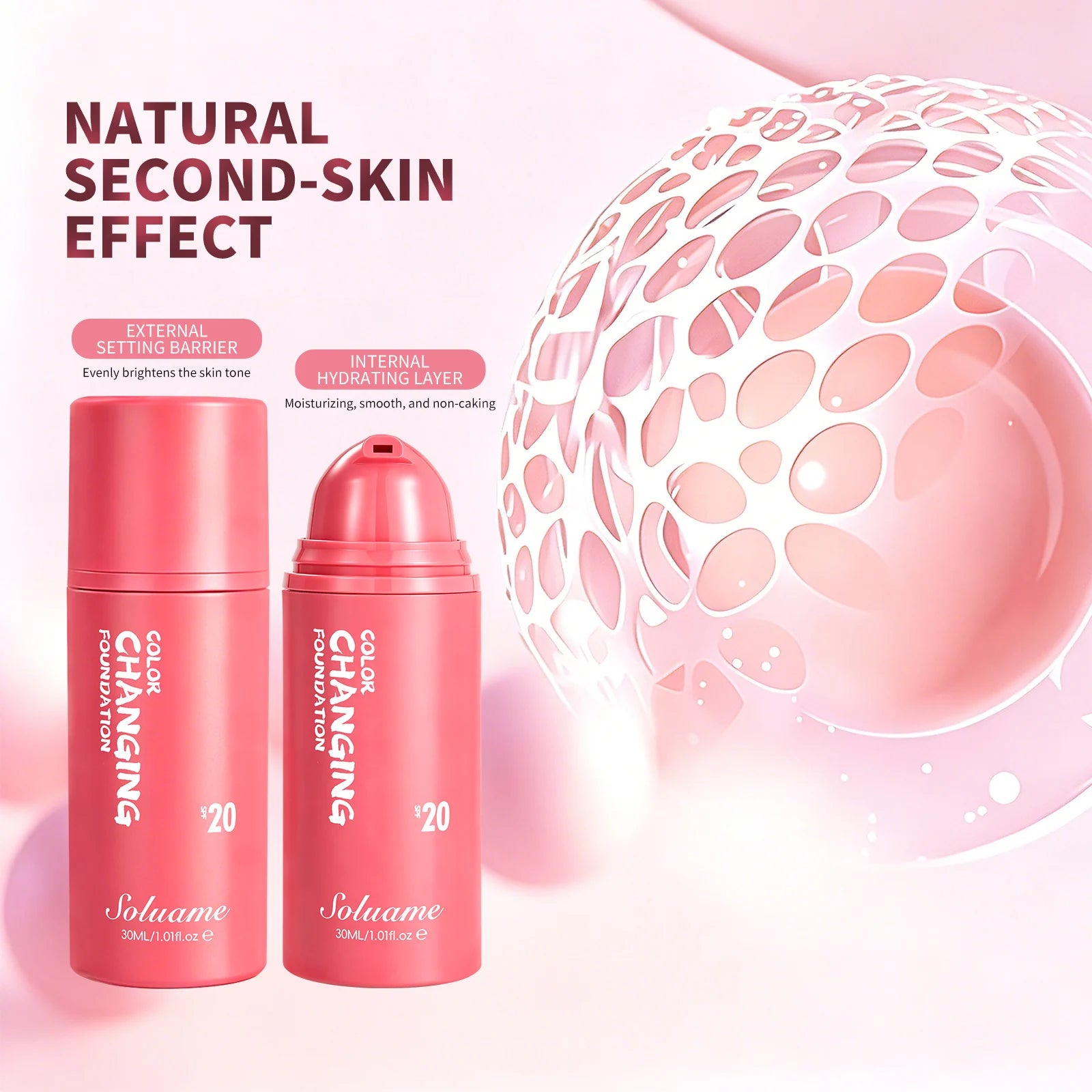 Color Changing Foundation Spf 20 Sunscreen Face Makeup, 30ml, Flawless Coverage Self-Adjusting Liquid Foundation for Natural Look