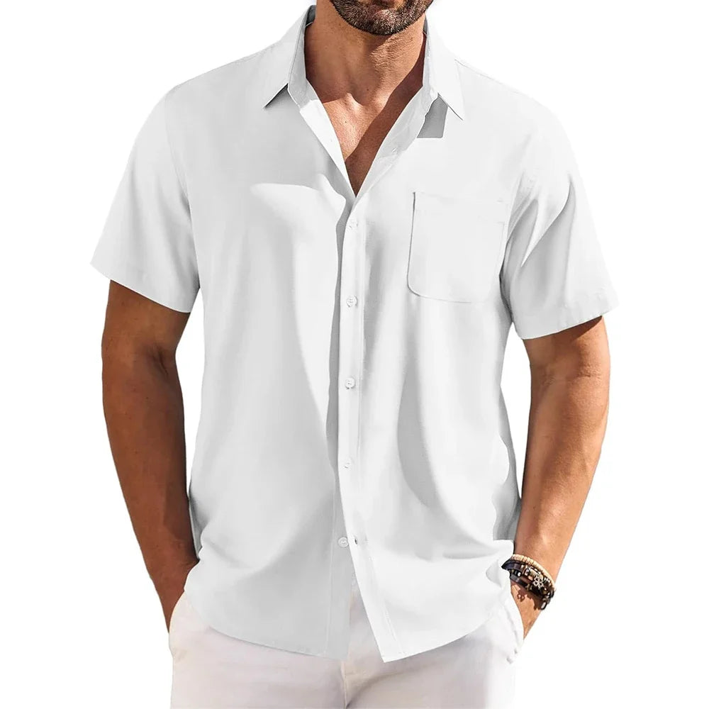 Cotton Linen Breathable Shirt for Men Solid Color Turn Down Collar Male Stylish Summer Short Sleeve Shirts Fashion Clothing
