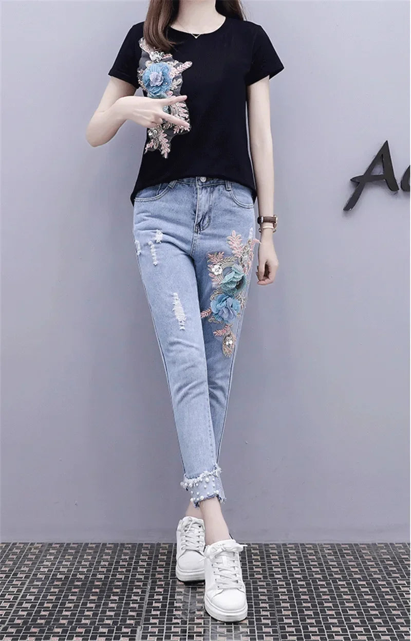 Two-Piece Suit 2025 Summer New Women Denim Pants Beading Embroidery Tshirt Tops+ High Waist Hole Jeans Female Casual Outfits