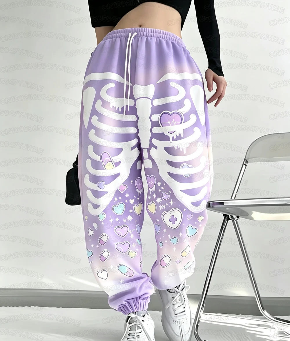 Spring and Autumn Women's Men's Gothic Hip Hop Yami Kawaii Y2K Skull Print Street Style Casual  Long Jogger Pants