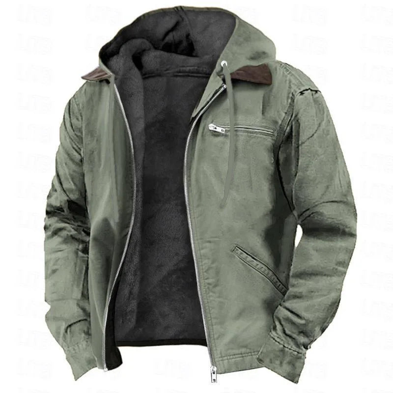 Winter Men's Casual Hooded Zipper Solid Fleece-lined Warm Jackets Male Multi Pockets Outdoor Hoodies Coats Outerwear