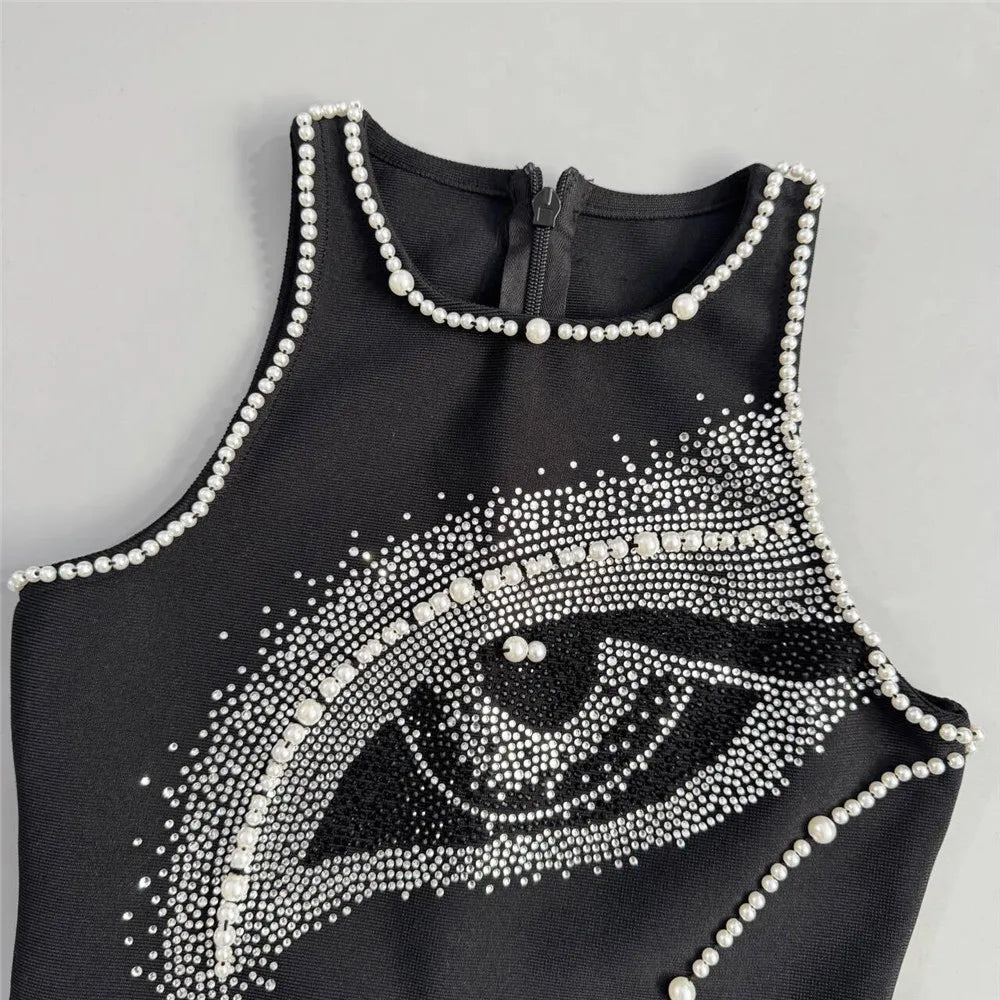 Women Fashion Pearl Bandage Dress Sexy Beading Sleeveless Clothes Celebrity Party Elegant Dresses
