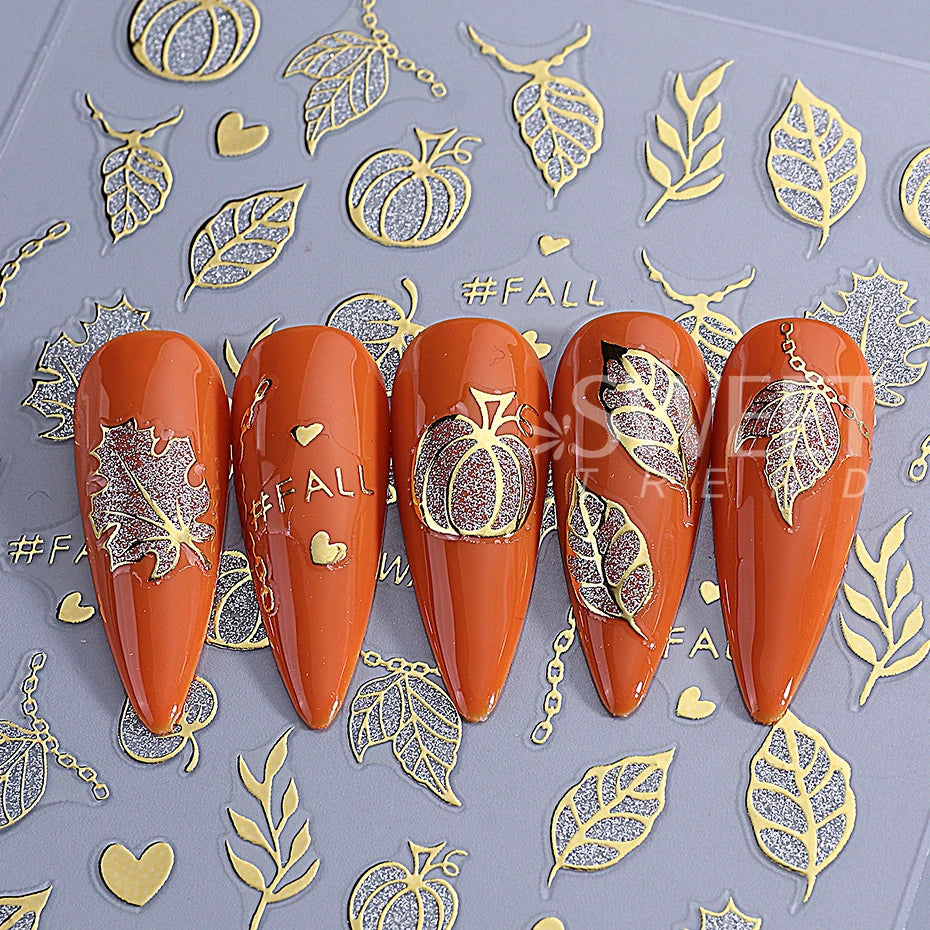2pcs Glitter Pumpkin Nail Art Stickers Autumn Shiny Fall Leaves Designs 3D Self Adhesive Nail Decals DIY Manicure Decoration