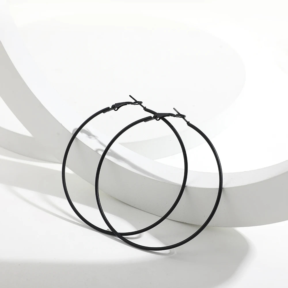 5 Sizes Stainless Steel Black Round Circle Hoop Earrings for Women Punk Exaggerated Smooth Statement Earring Gothic Jewelry Gift