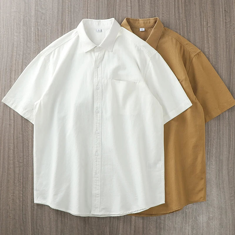 Dukeen Heavyweight Short-Sleeved Shirt Men's Summer Solid Color Lapel Pocket Casual Shirt Cotton White Shirts