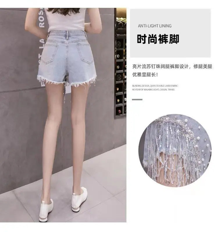 Summer New Style Personalized Denim Shorts for Women Internet Celebrity High Waist Diamond Sequins