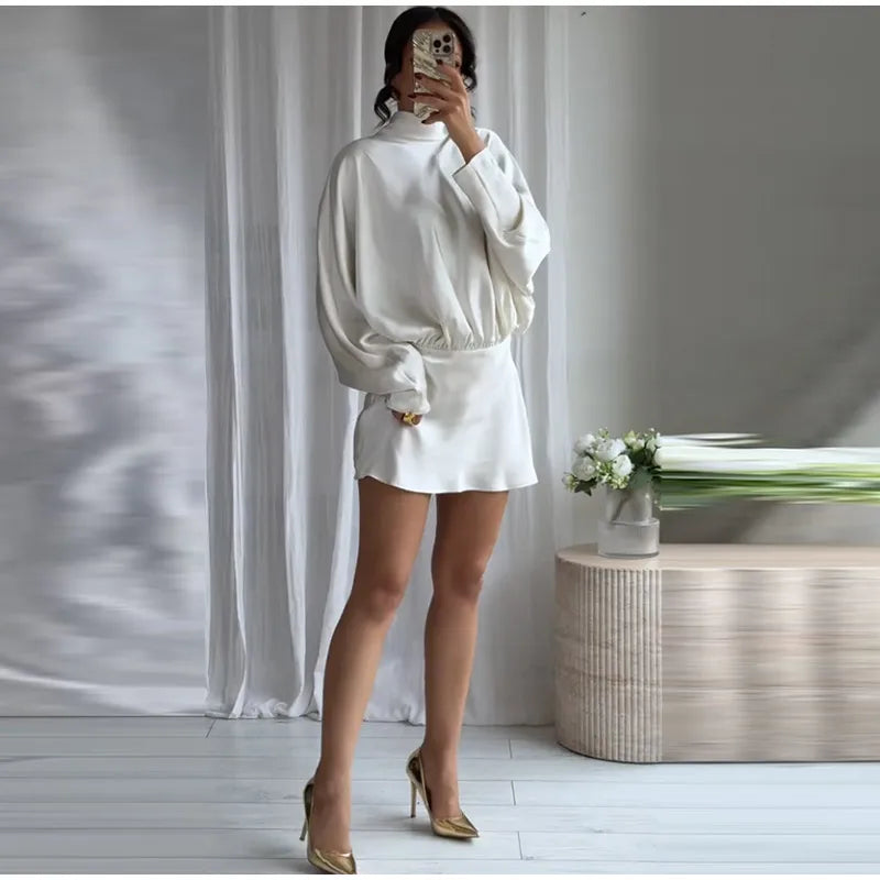 Elegant Satin Mini Dress For Women Fashion Scarf Collar Batwing Sleeve Waist Dress Lady 2025 Autumn Chic Party Evening Vestidos