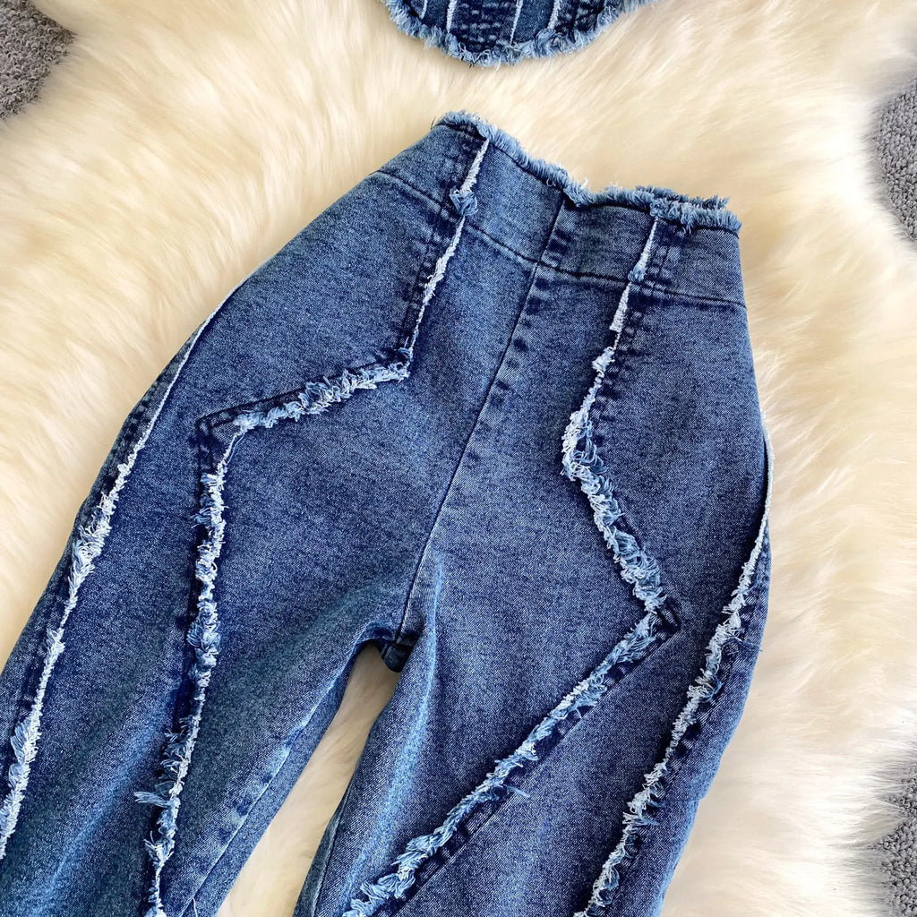 Two Pieces Women Pant Set Denim Matching Set Solid Camisole Sleeveless Top Zipper Fly Empire Waist Full Length Pants 2026 Summer