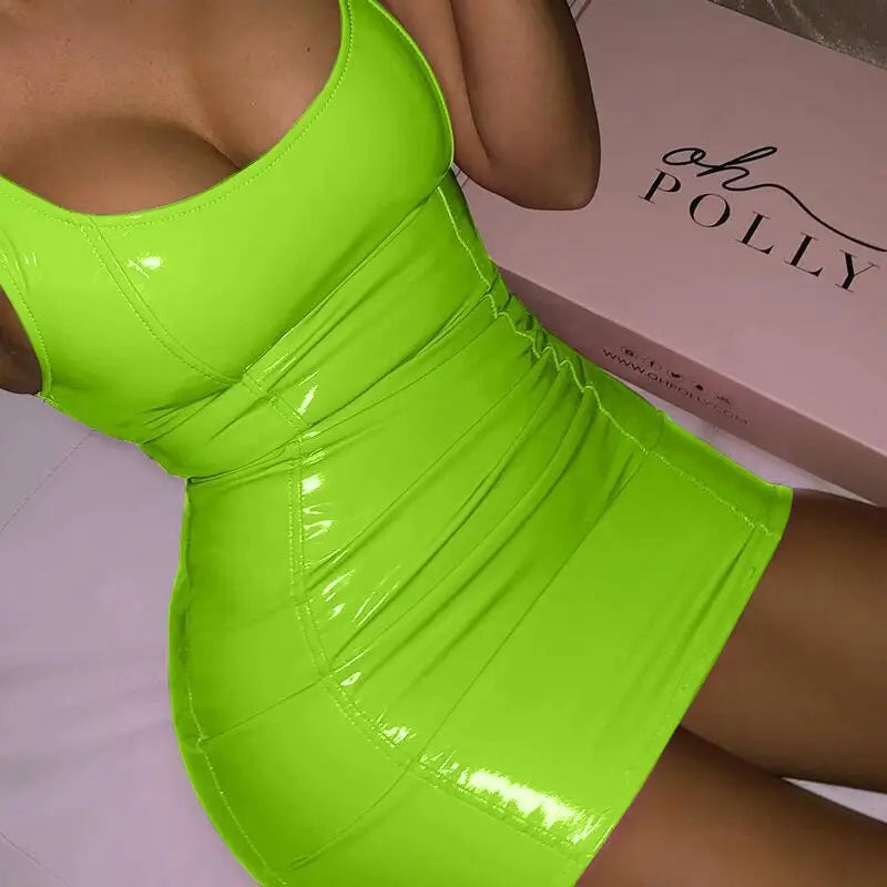 Women Sexy PU Leather Party Night Club Elegant Slip Bodycon Sleeveless Bodycon Mini Dress Ladies Summer Short Dresses