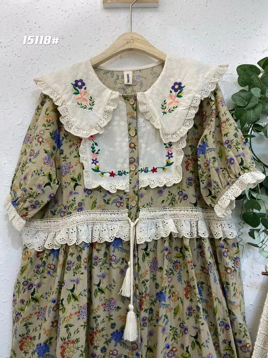 Vintage Embroidery Art Print Kawaii Dress Women Japanese Mori Girl Peter Pan Collar Patchwork Cotton Linen Dress Loose Vestidos