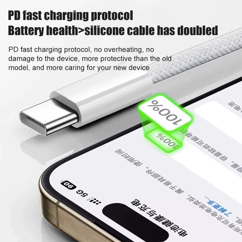 60W USB C Phone Cable For iPhone 16 15 17 Pro Max 17 Air Plus Fast Charging Type-C Charge Braided Cables USB to Type C Data Line