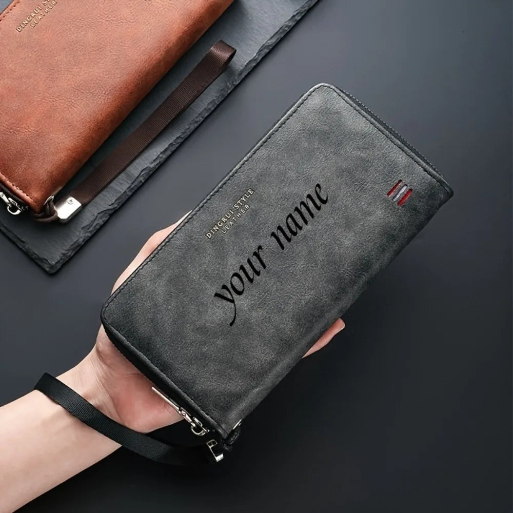 Customized Name Men's Long Handheld Wallet Multiple Card Slots with Small Coins Pocket for Mobile Phone Cash Cards Daily Storage
