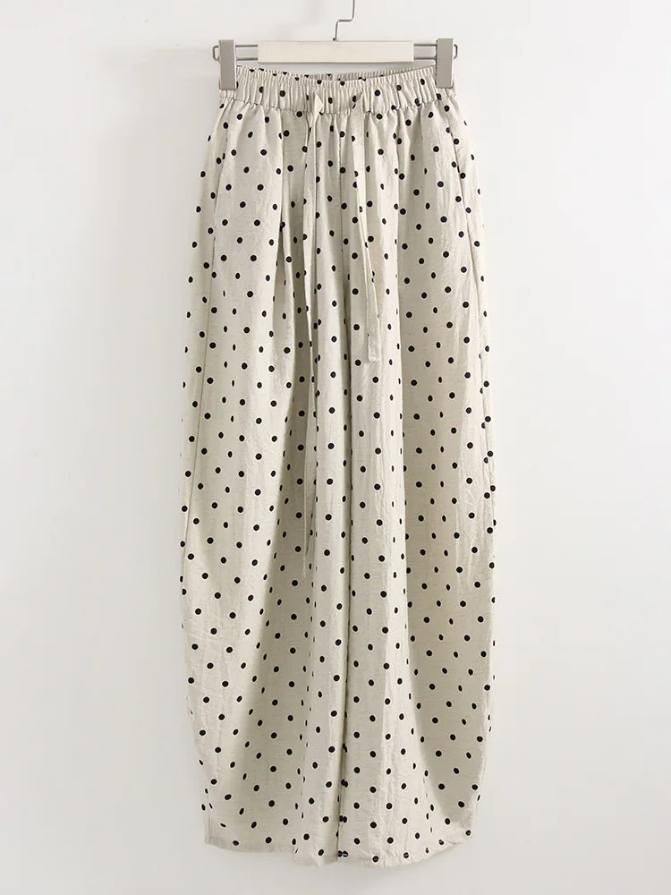 Polka Dot Cotton Linen Pants White Women Wide Leg Summer Spring Baggy Trousers For Woman High  Waist Linen Loose Pants Women