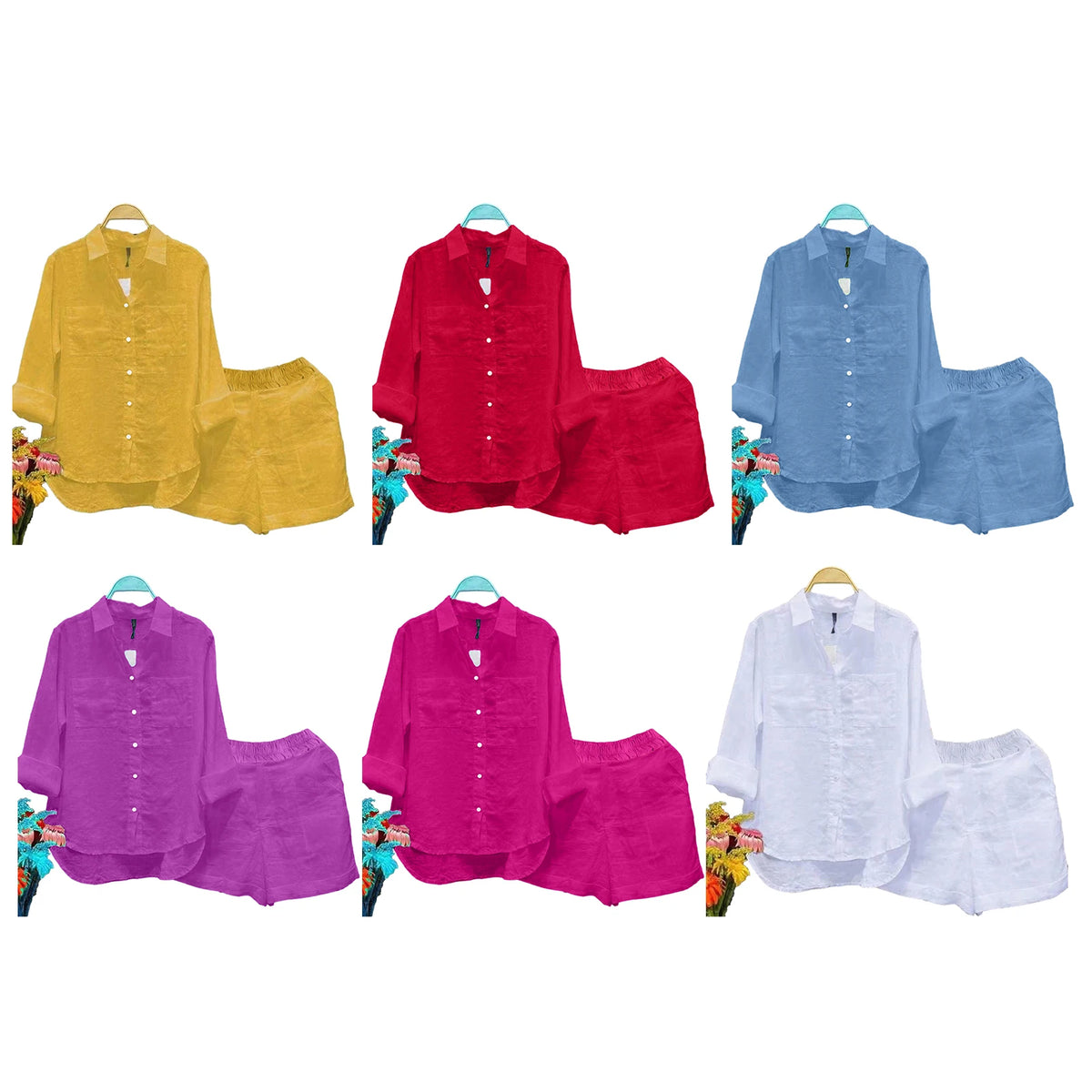 Women Spring Shorts Suits Holiday Long Sleeve Lapel Shirts And High Waist Pants 2 Pieces Jogger Sets Ladies Casual Outfits
