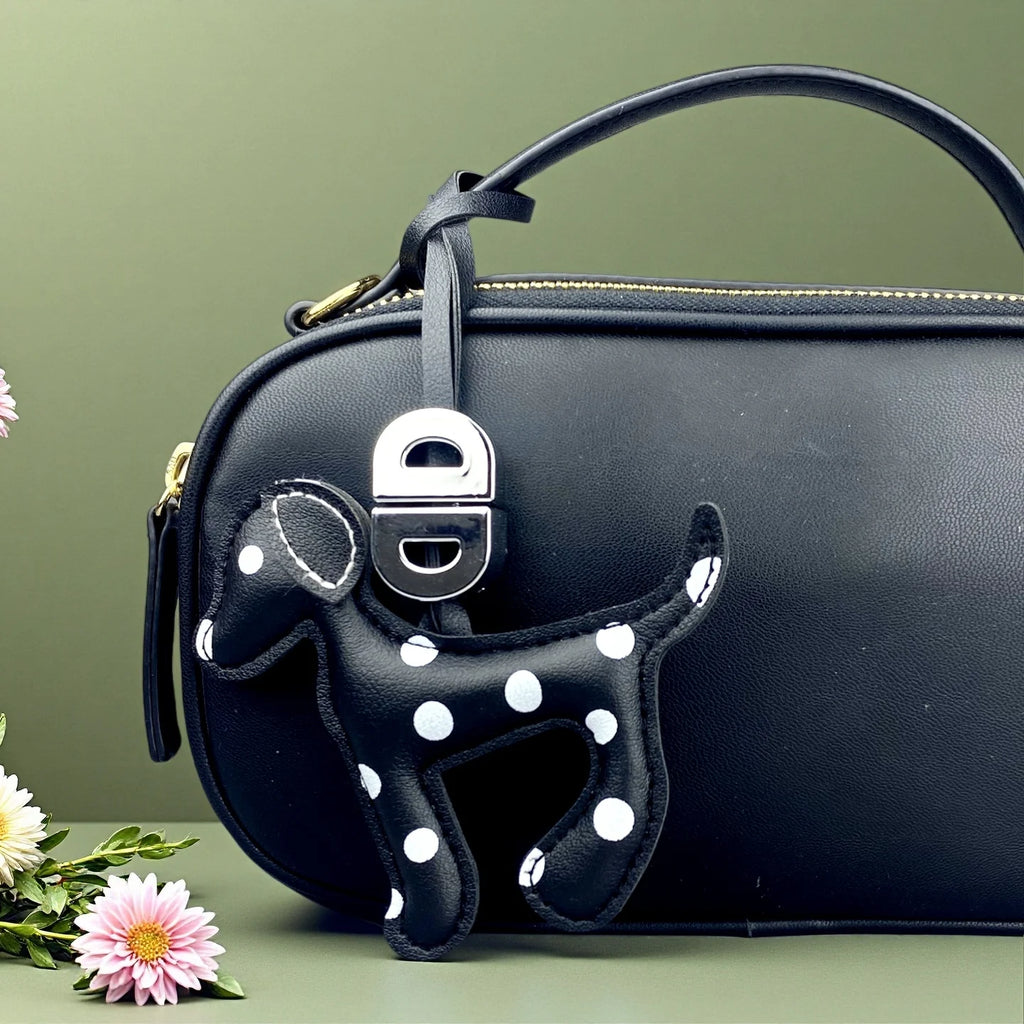 Trendy Dalmatian Dog Pendant Bag Charm & Keychain in Black/White Faux Leather Polka Dot Design for Purse Accessories Lovely Gift