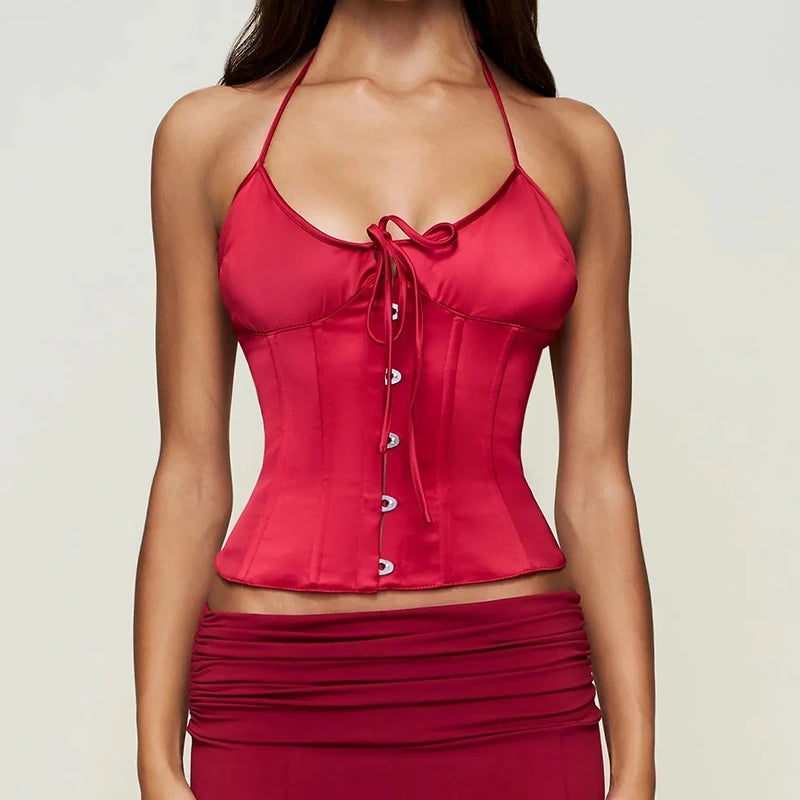Summer Front Button Corset Crop Tops Women Solid Halter Neck Camisole Bodysuit Tops Underwear Sexy Nigh Out Backless Tie Up Vest