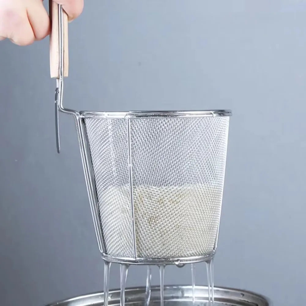 Durable Thickened Stainless Steel Funnel Kitchen Gadgets Wooden Handle Pasta Basket Strainer Multifunctional Noodle Funnel