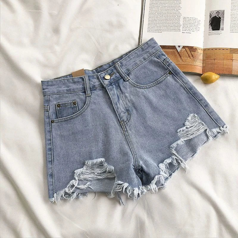 Women High Waist Ripped Denim Shorts Korean Y2K Streetwear Tassel Pocket Summer Casual Blue Jeans Pants Fashion Street Trousers