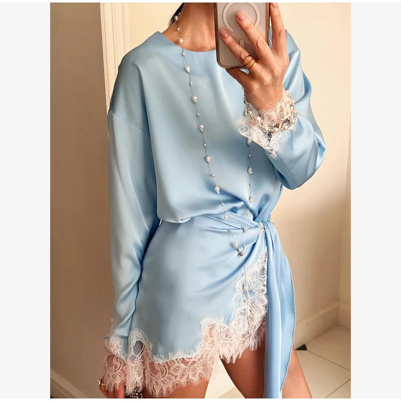 Satin Lace Patchwork Dress Women Long Sleeve O-neck Casual 2026 Spring Female Dresses Casual Solid Beach Robe Not Contain Pearls