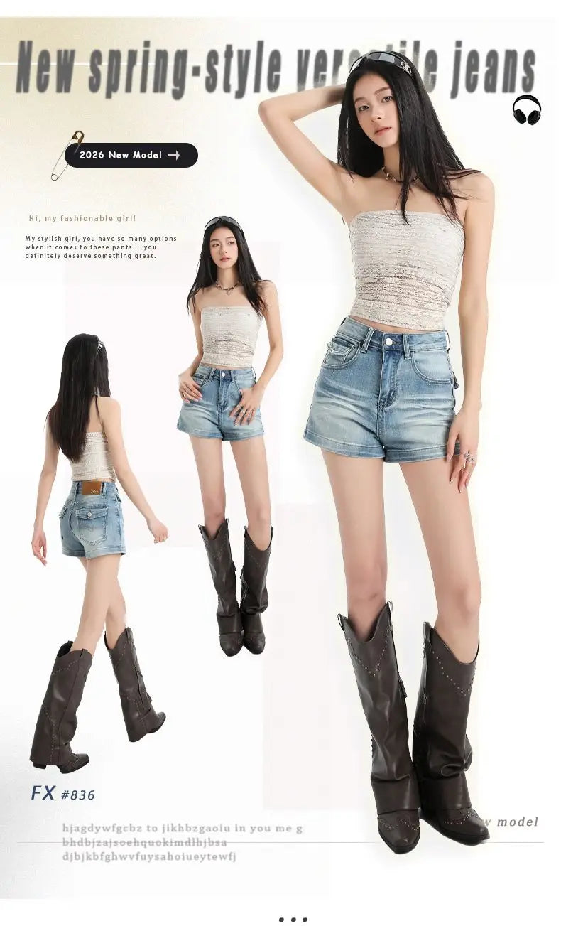 Women’s Denim Shorts Jorts Drawstring Elastic Slimming Short Denim Pants Summer Casual Loose Jeans with Pockets Versatile Jeans