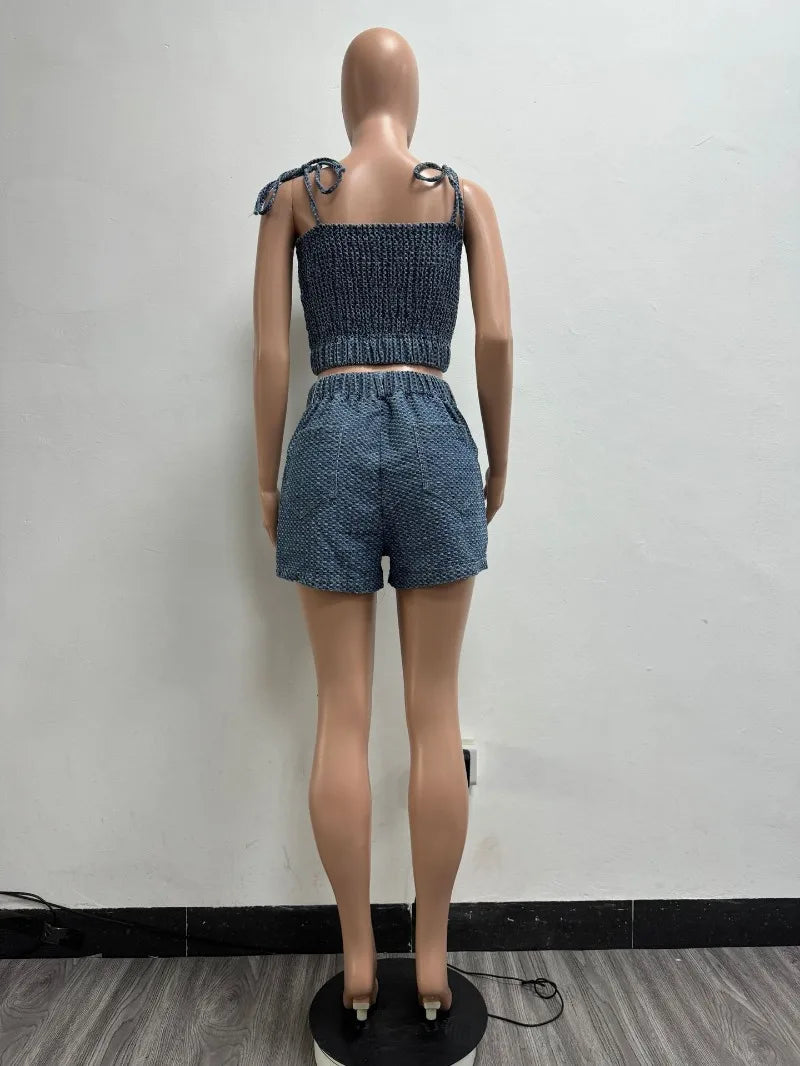 Women Fashion Sexy Denim 2 Piece Set Strapless Lace Up Spaghetti Straps Camisole Crop Tops + High Waist Shorts Casual Jeans Suit