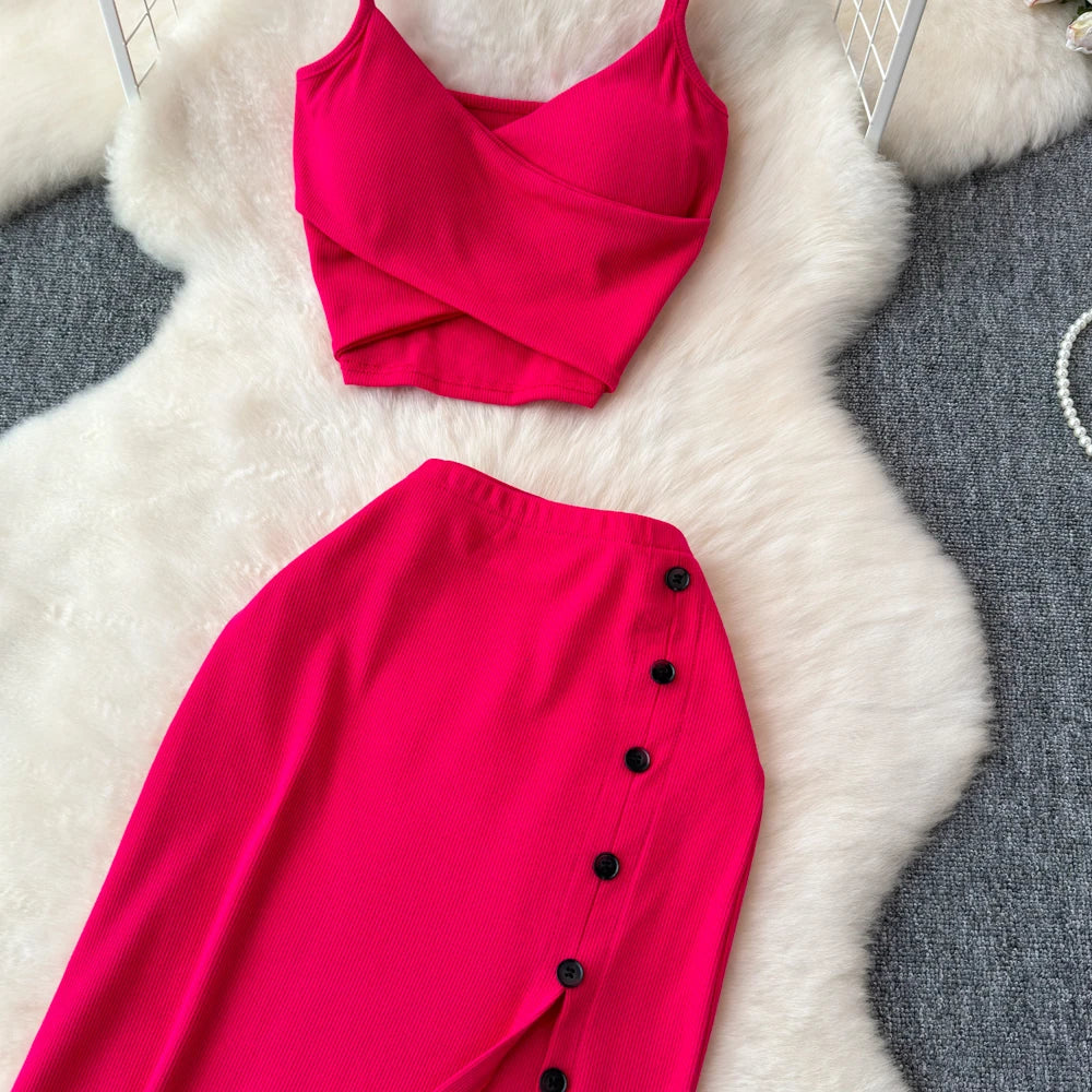 Sexy two Pieces Sets Chic Elegant  v neck slip camis with High Waist Hip Wrap Single Breasted split summer sweet Full Skir