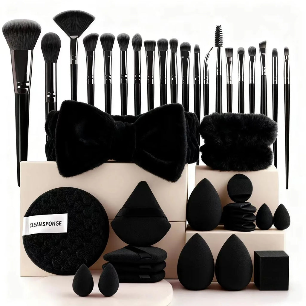 33Pcs Full Makeup Tool Kit, 13 Brushes + Sponges + Finger Puffs + Headband for Face Eye Makeup Daily Touch Ups Travel Kit